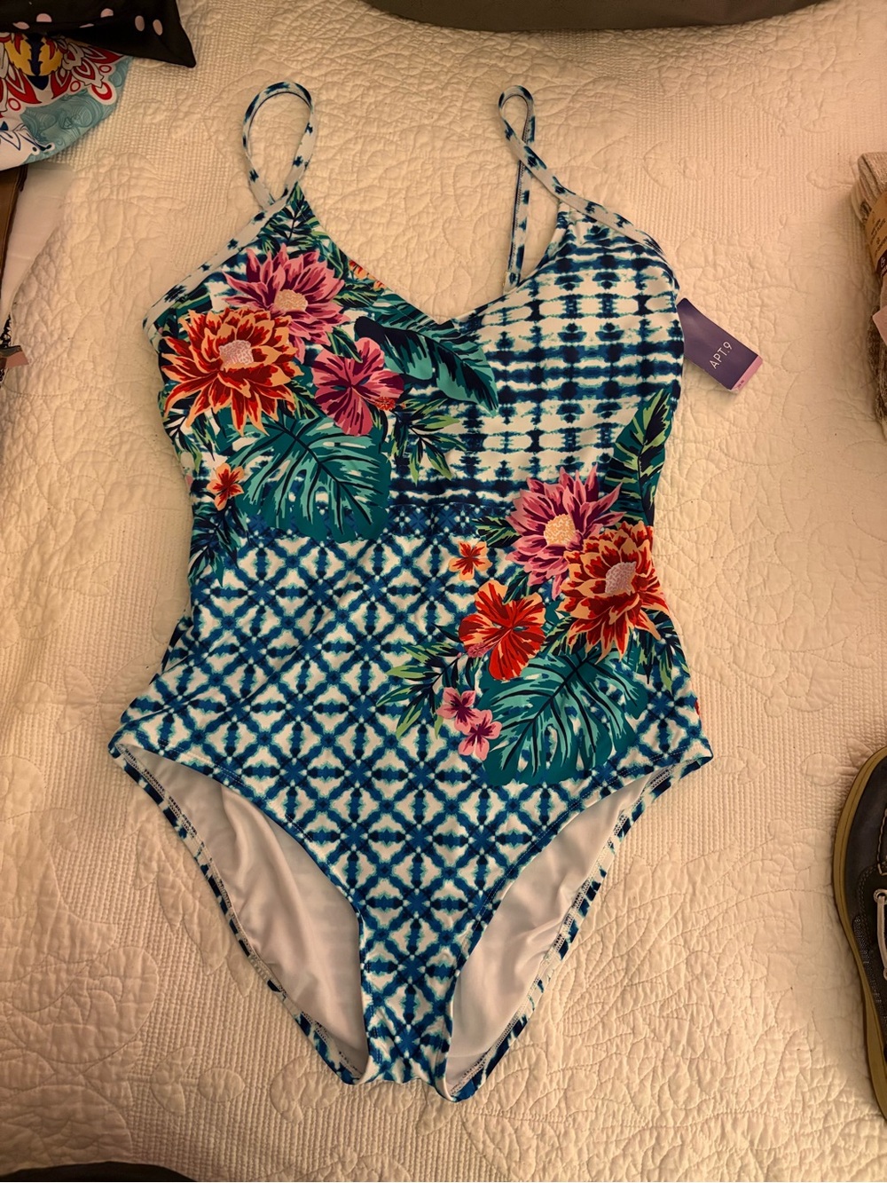 Apt. 9 Blue Floral One-Piece Swimsuit with Pink & Orange Blooms